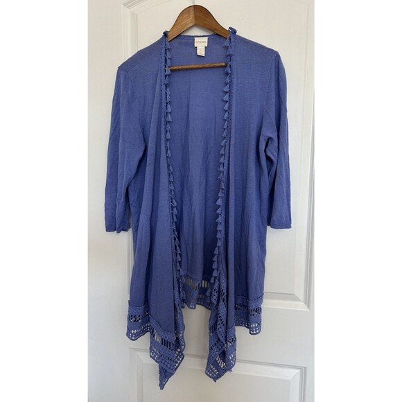 Chicos Kimono Size 1 Medium Linen Tassel Fringe Crochet Coastal Cruise Cardigan - Picture 1 of 11